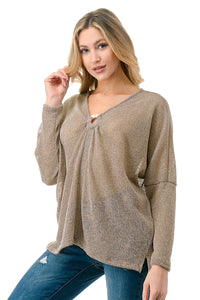 Nude Sheer Knit Long Sleeve Top with Front Ring Detail