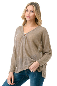 Nude Sheer Knit Long Sleeve Top with Front Ring Detail
