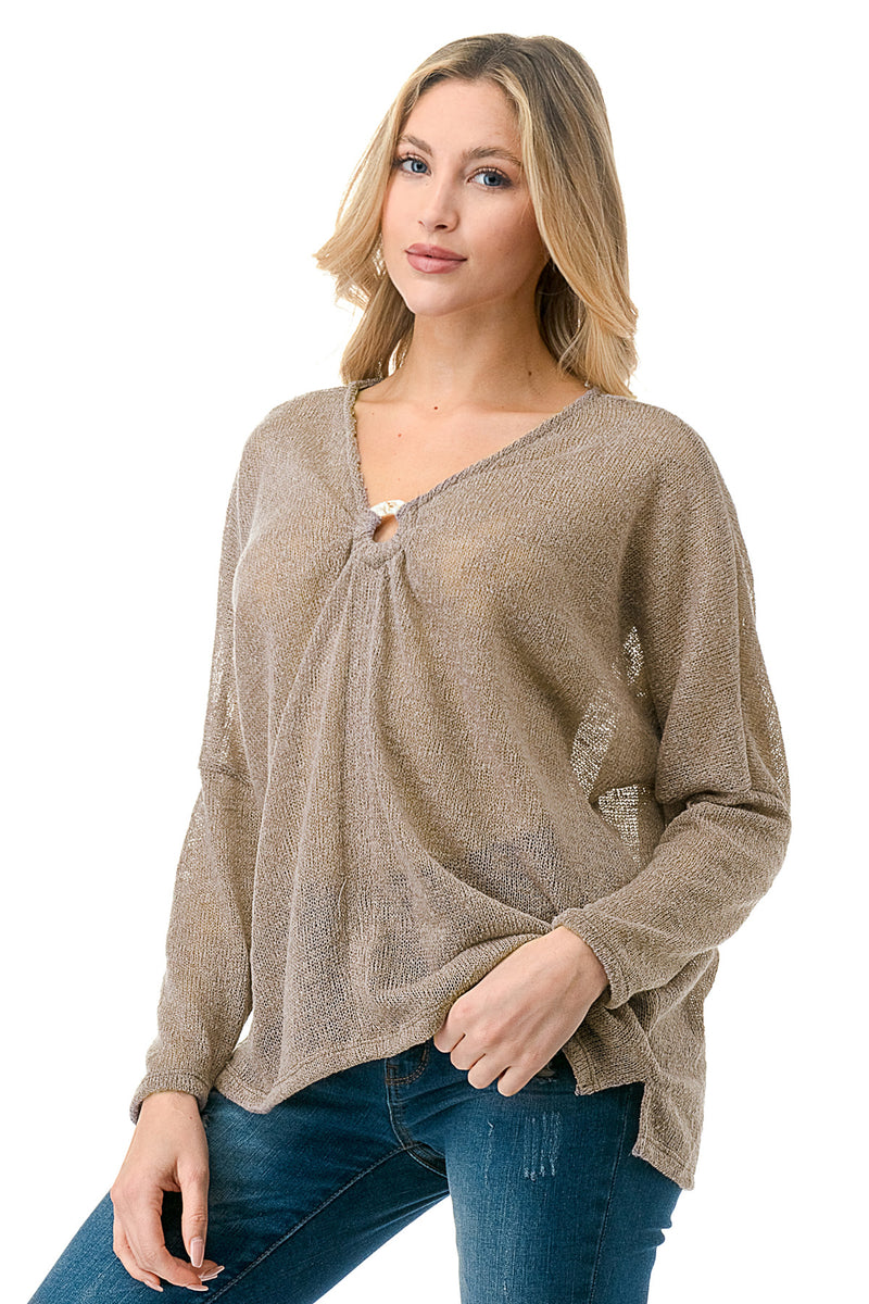 Nude Sheer Knit Long Sleeve Top with Front Ring Detail
