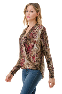 Animal Print Surplice Long Sleeve Top Red