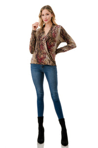 Animal Print Surplice Long Sleeve Top Red