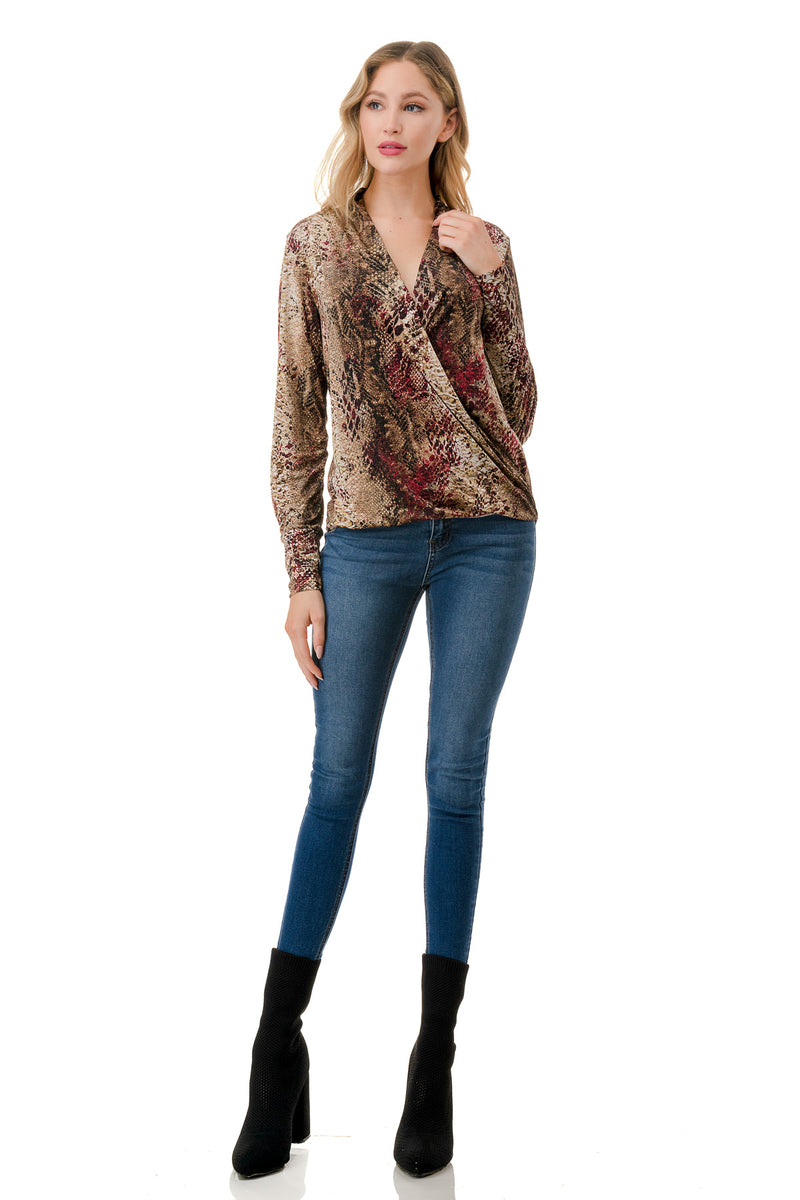 Animal Print Surplice Long Sleeve Top Red