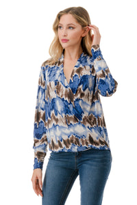 Surplice Long Sleeve Blouse in Blue and Brown Abstract Print
