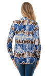 Surplice Long Sleeve Blouse in Blue and Brown Abstract Print