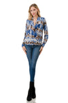 Surplice Long Sleeve Blouse in Blue and Brown Abstract Print