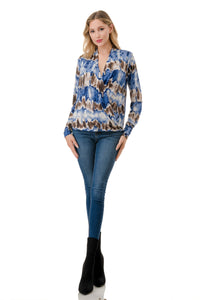 Surplice Long Sleeve Blouse in Blue and Brown Abstract Print