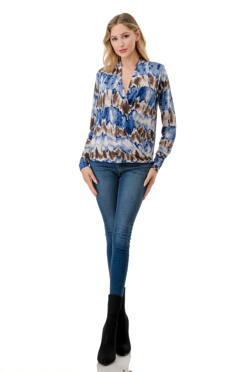 Surplice Long Sleeve Blouse in Blue and Brown Abstract Print