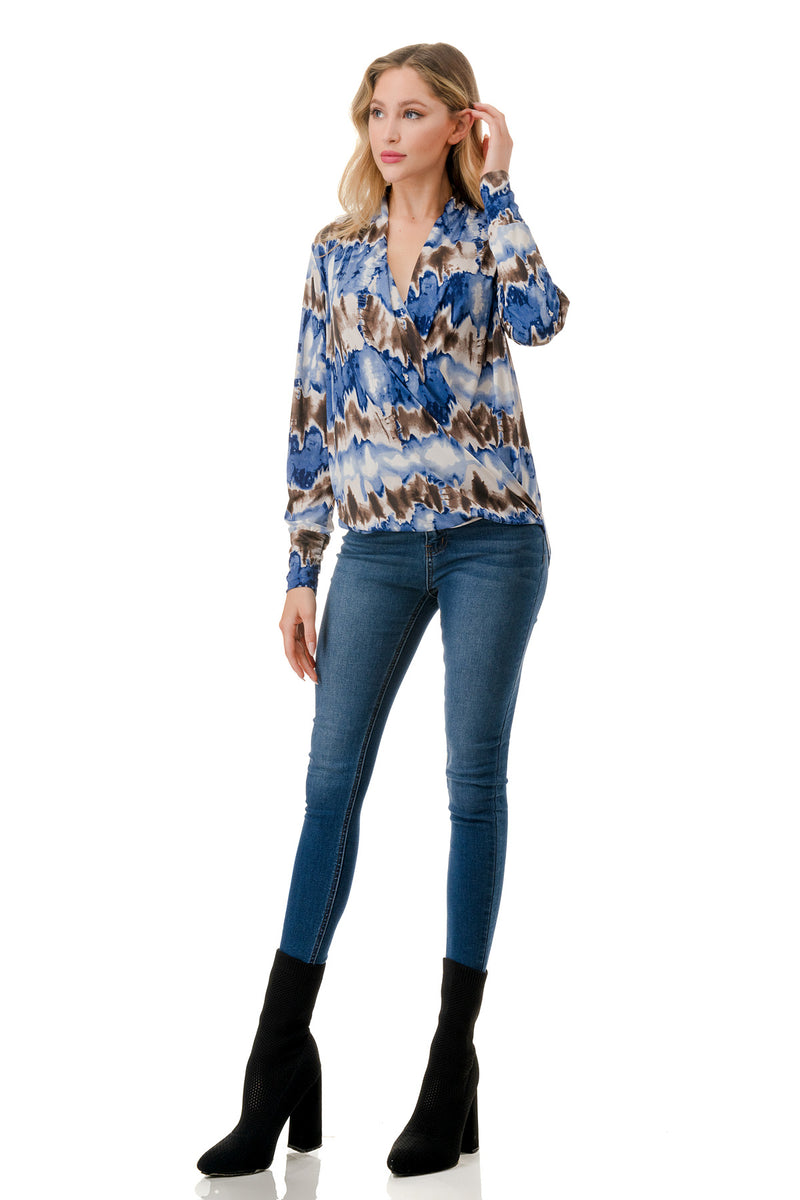 Surplice Long Sleeve Blouse in Blue and Brown Abstract Print