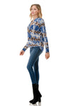 Surplice Long Sleeve Blouse in Blue and Brown Abstract Print