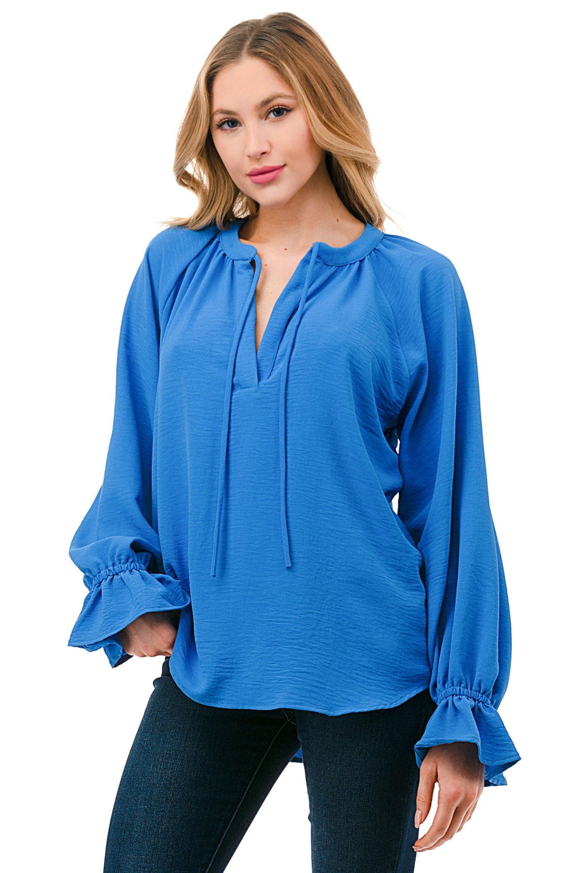 Blue Textured Tie-Neck Blouse with Ruffle Cuffs