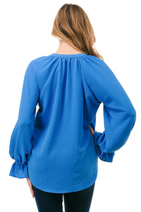 Blue Textured Tie-Neck Blouse with Ruffle Cuffs