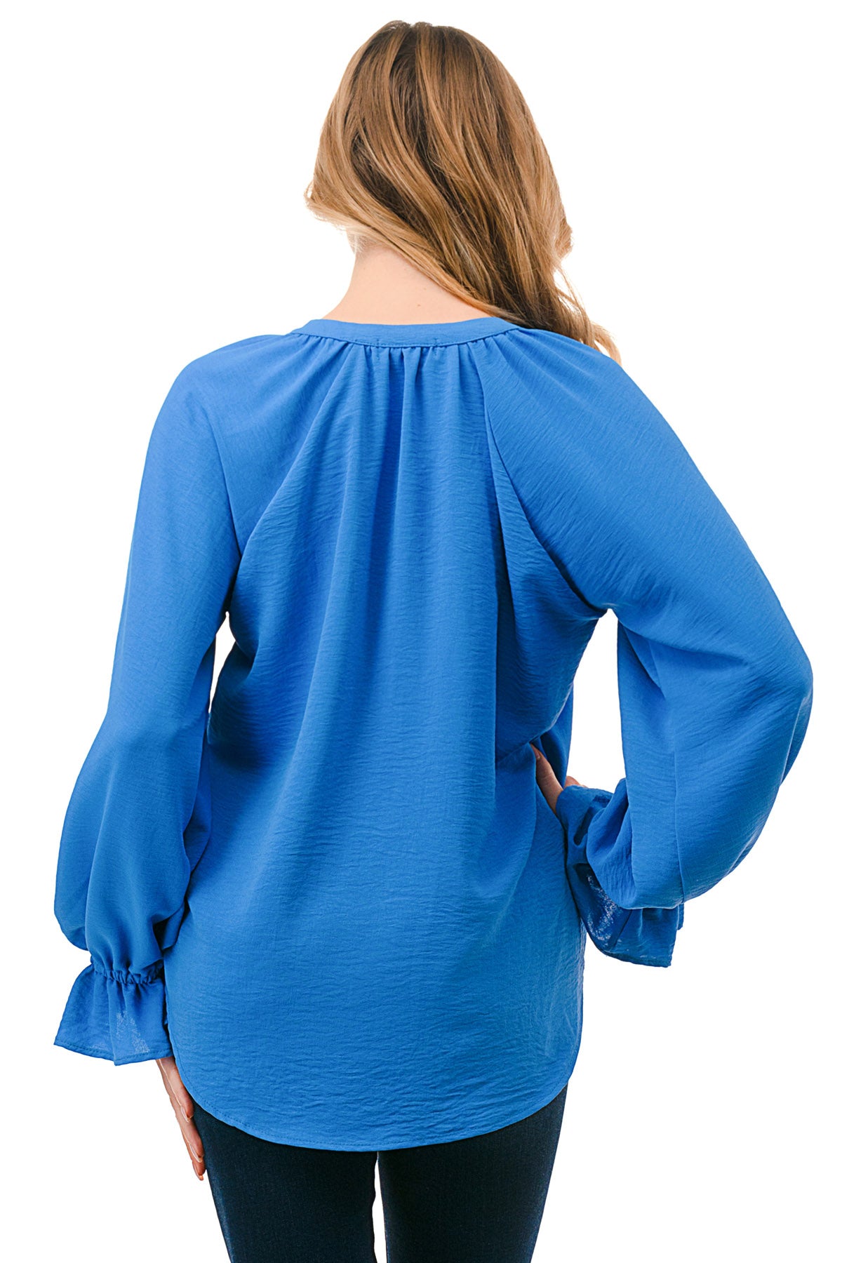 Blue Textured Tie-Neck Blouse with Ruffle Cuffs