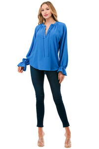 Blue Textured Tie-Neck Blouse with Ruffle Cuffs