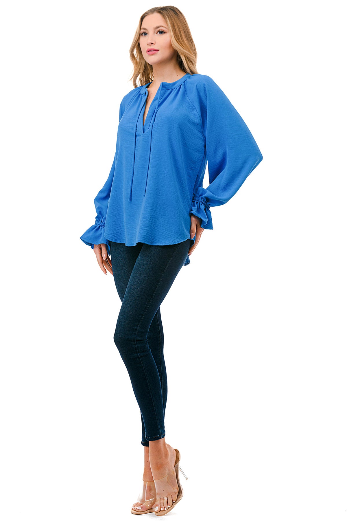 Blue Textured Tie-Neck Blouse with Ruffle Cuffs
