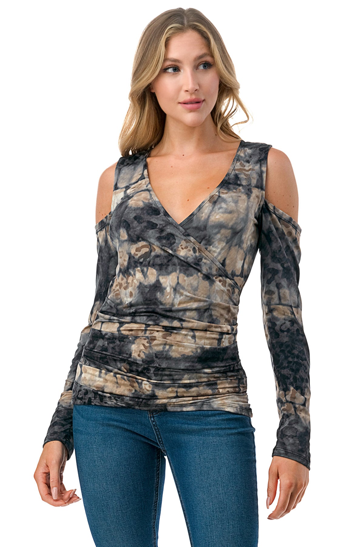 Cold Shoulder Tie-Dye Mesh Top in Gray Mix