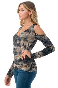 Cold Shoulder Tie-Dye Mesh Top in Gray Mix