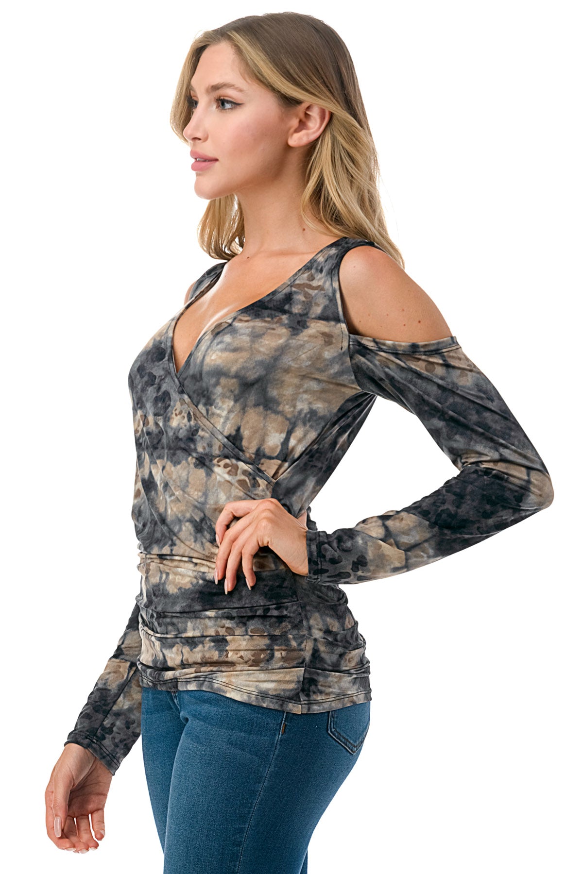 Cold Shoulder Tie-Dye Mesh Top in Gray Mix