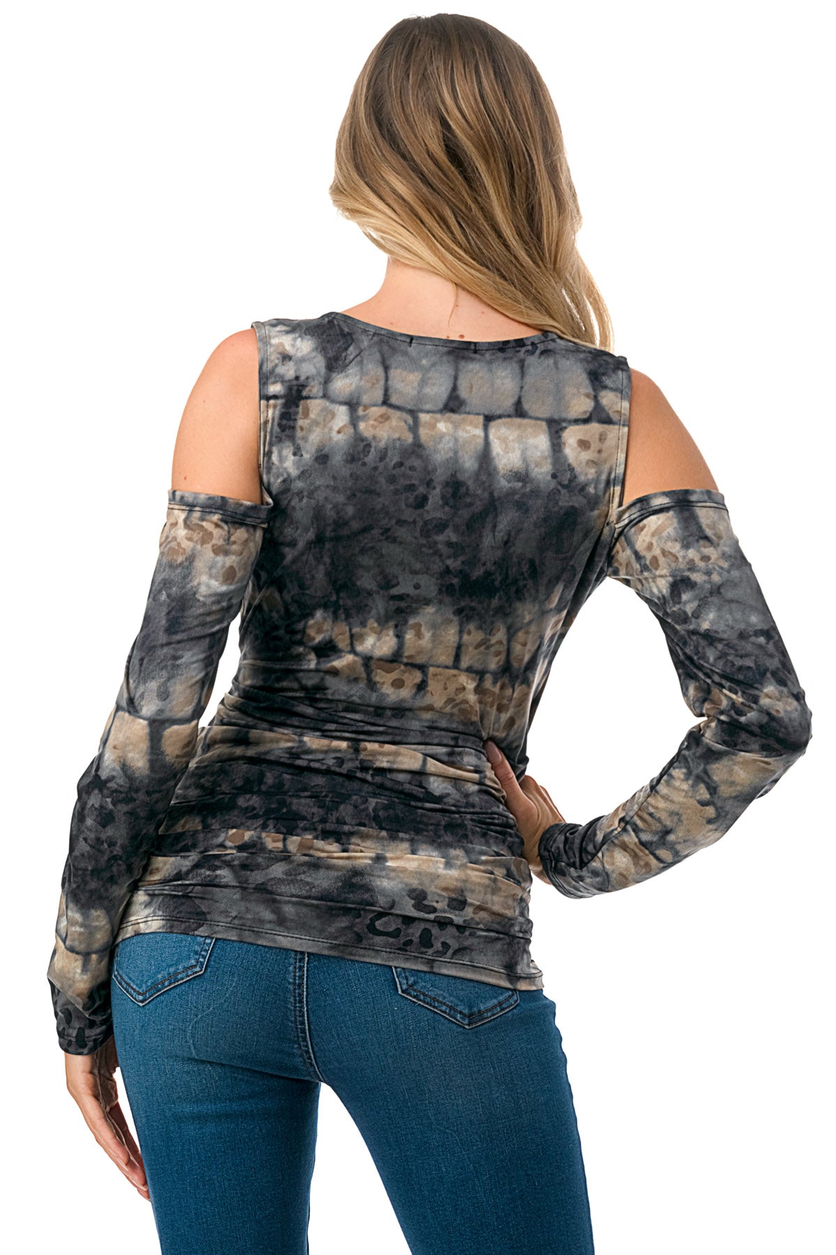 Cold Shoulder Tie-Dye Mesh Top in Gray Mix