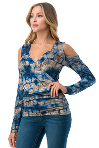 Cold Shoulder Tie-Dye Mesh Top in Royal Blue Mix