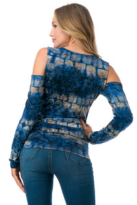 Cold Shoulder Tie-Dye Mesh Top in Royal Blue Mix