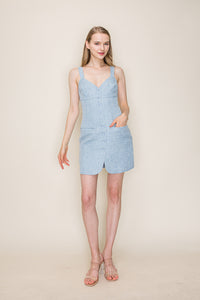 Button-Front Tweed Mini Dress in Light Blue