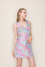 Floral Jacquard Bow-Back Mini Dress in Pastel Blue and Pink