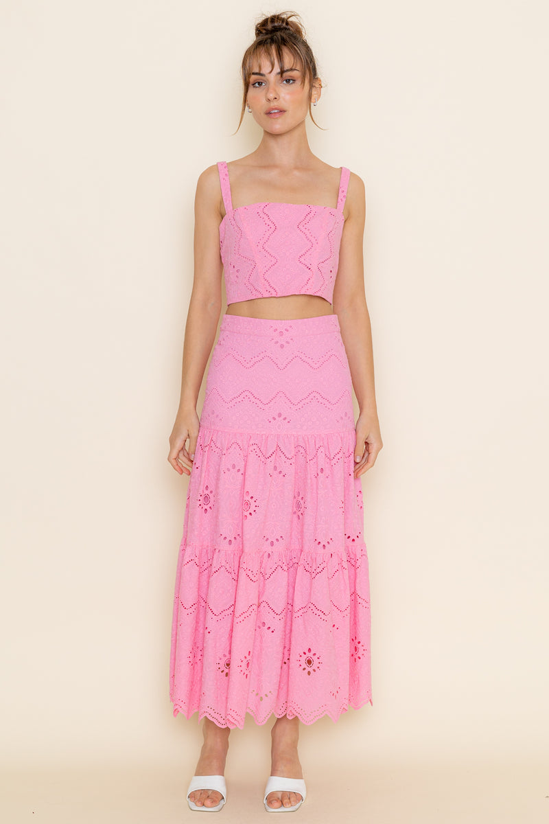 EMBROIDERED PATTERN BACK ZIP MAXI SKIRT