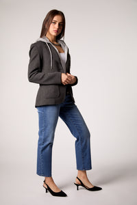 Gray Double-Breasted Blazer with Removable Hoodie Insert