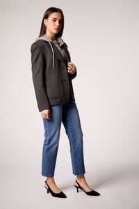 Gray Double-Breasted Blazer with Removable Hoodie Insert