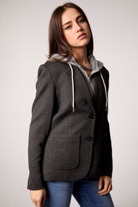 Gray Double-Breasted Blazer with Removable Hoodie Insert
