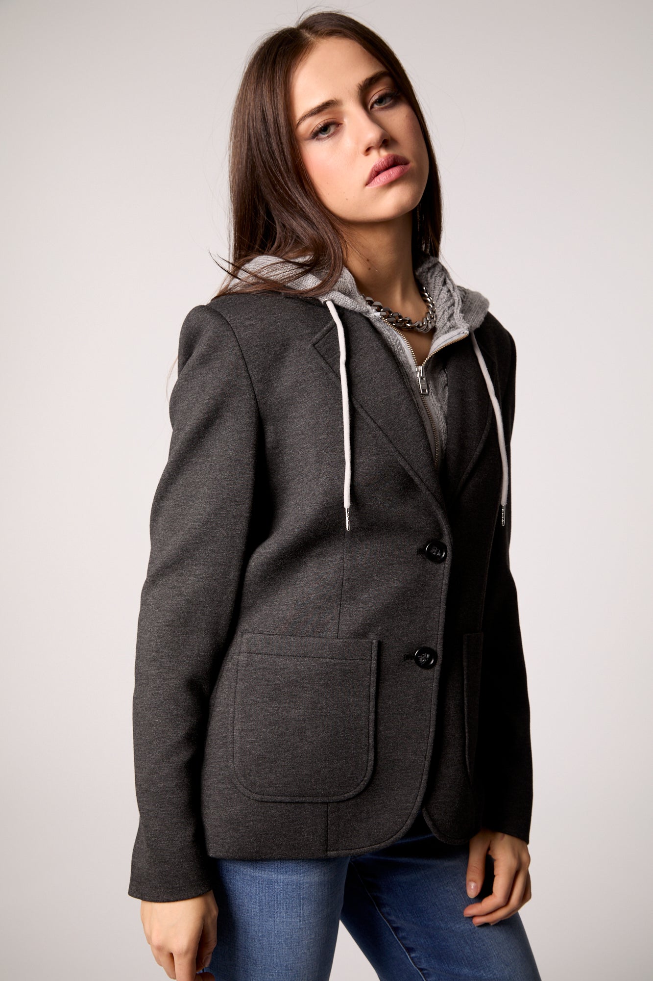 Gray Double-Breasted Blazer with Removable Hoodie Insert