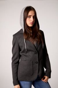 Gray Double-Breasted Blazer with Removable Hoodie Insert