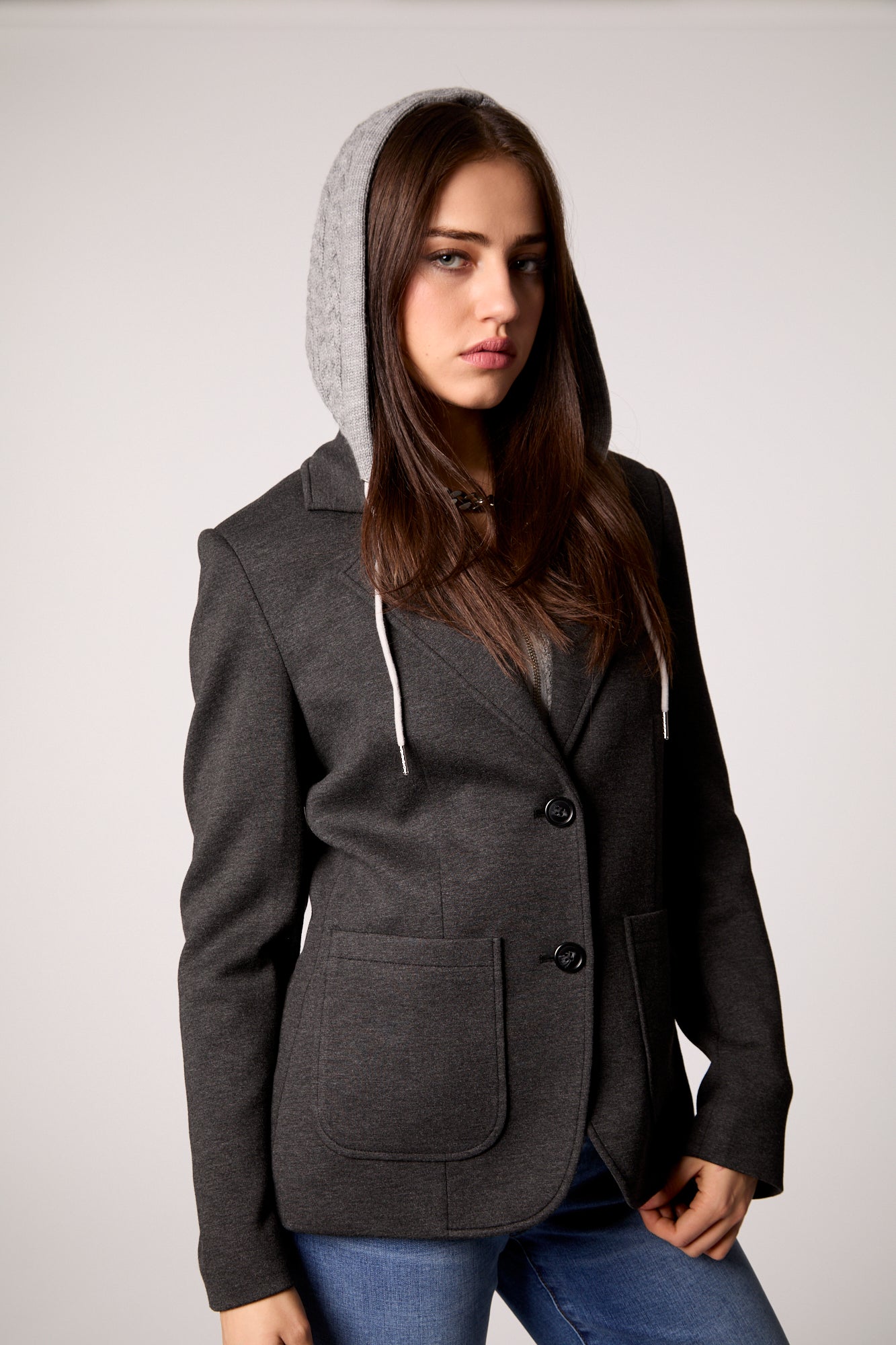 Gray Double-Breasted Blazer with Removable Hoodie Insert