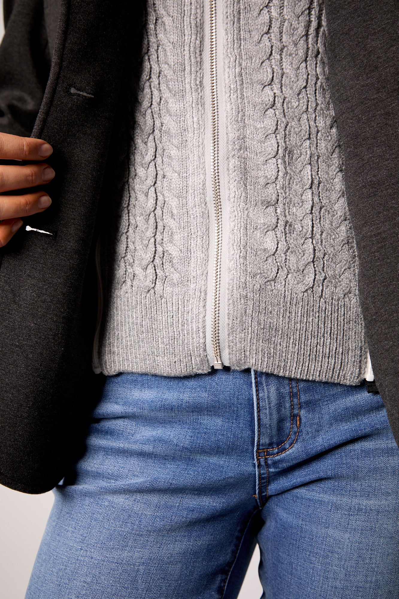 Gray Double-Breasted Blazer with Removable Hoodie Insert