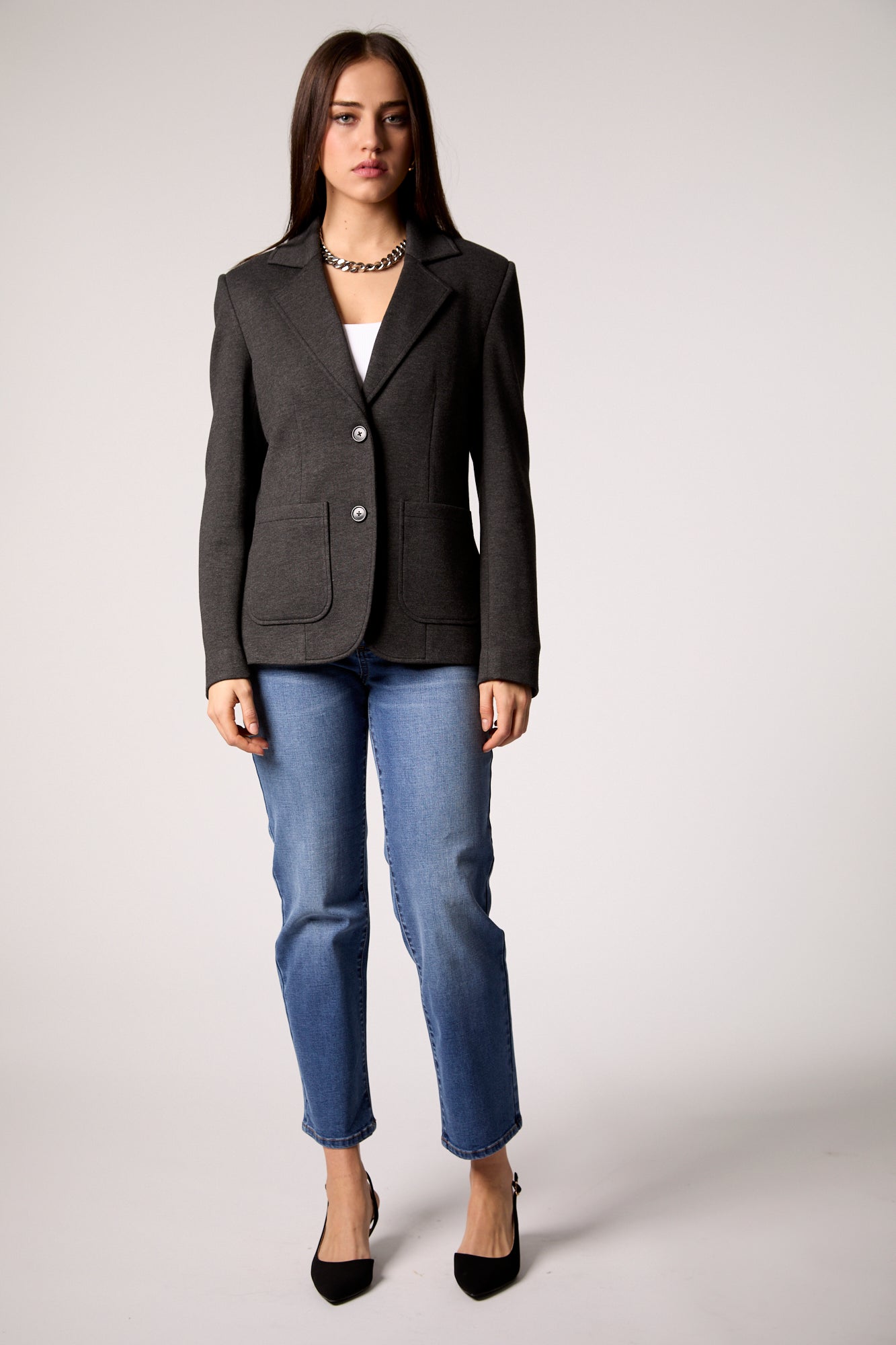 Gray Double-Breasted Blazer with Removable Hoodie Insert