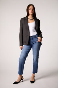 Gray Double-Breasted Blazer with Removable Hoodie Insert