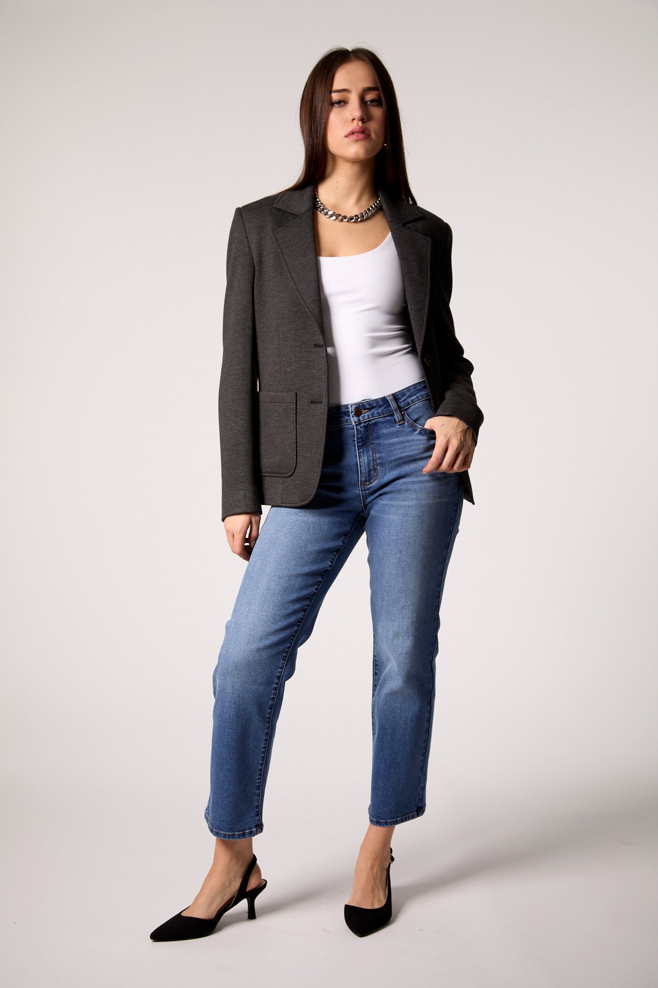 Gray Double-Breasted Blazer with Removable Hoodie Insert