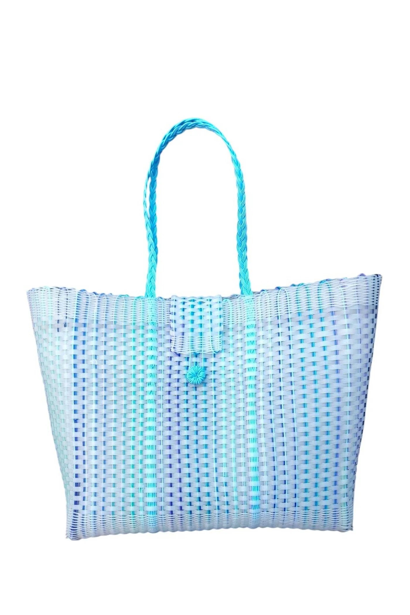 Blue Ombre Woven Oversized Tote Bag with Braided Handles