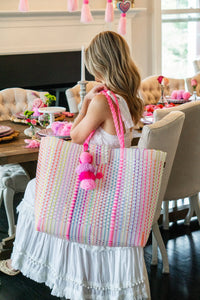 Rainbow Tote Bag with Neon Pink Handles and Tassel Charm