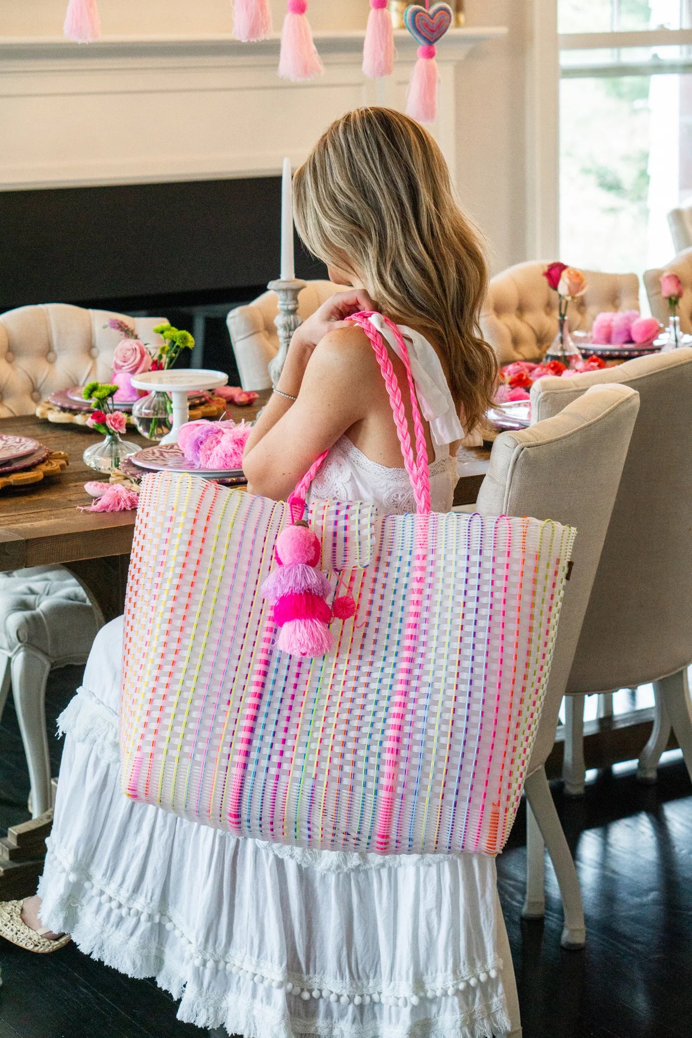 Rainbow Tote Bag with Neon Pink Handles and Tassel Charm
