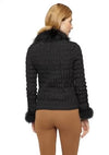 Black Textured Vegan Fur Jacket with Feather Trim