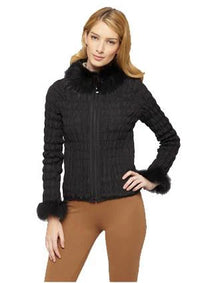 Black Textured Vegan Fur Jacket with Feather Trim
