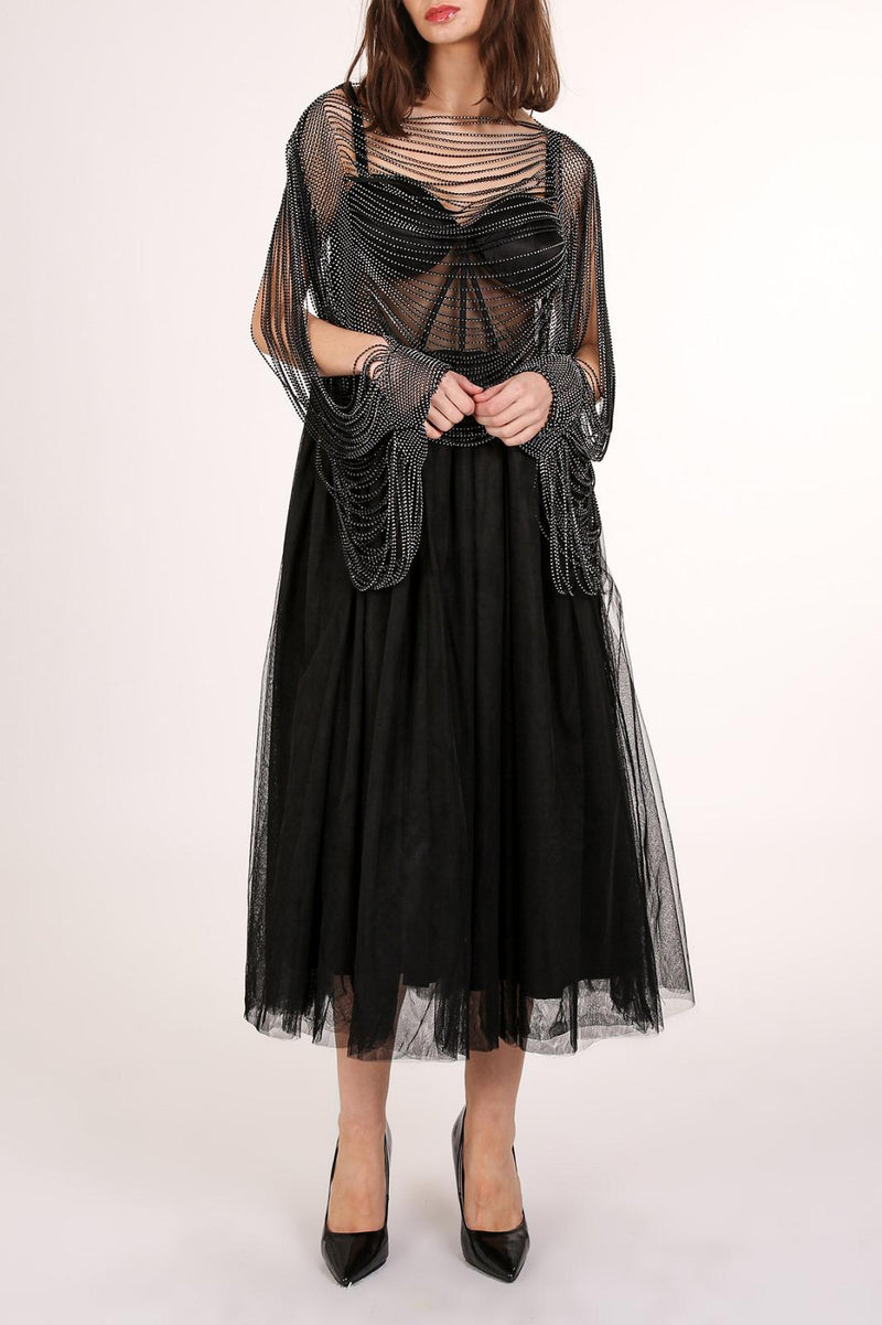 Rhinestone Fringe Mesh Capelet Shawl Black