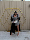 Black Fur Coat with Oversized Fox Trim Collar and Cuffs