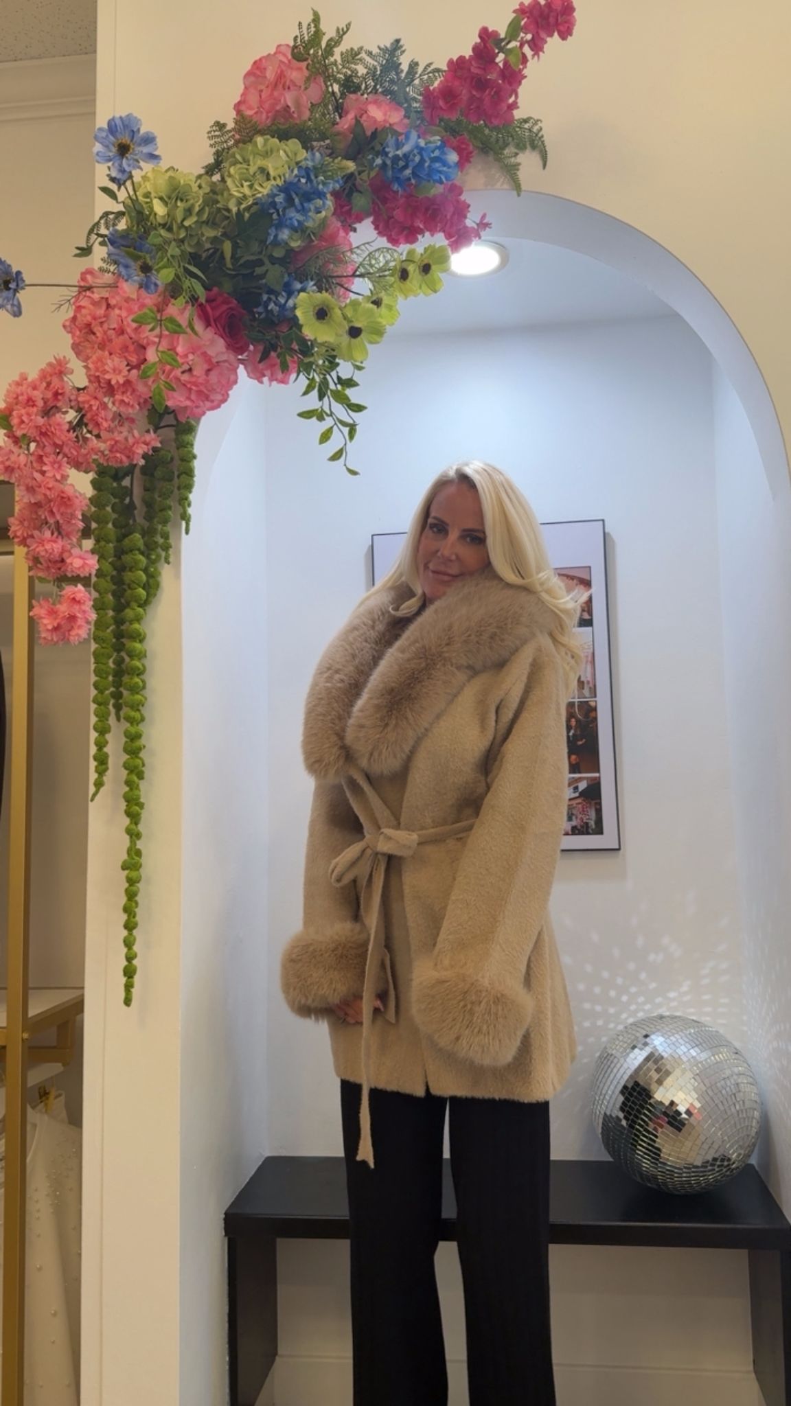 Beige Vegan Fur Belted Coat with Oversized Collar
