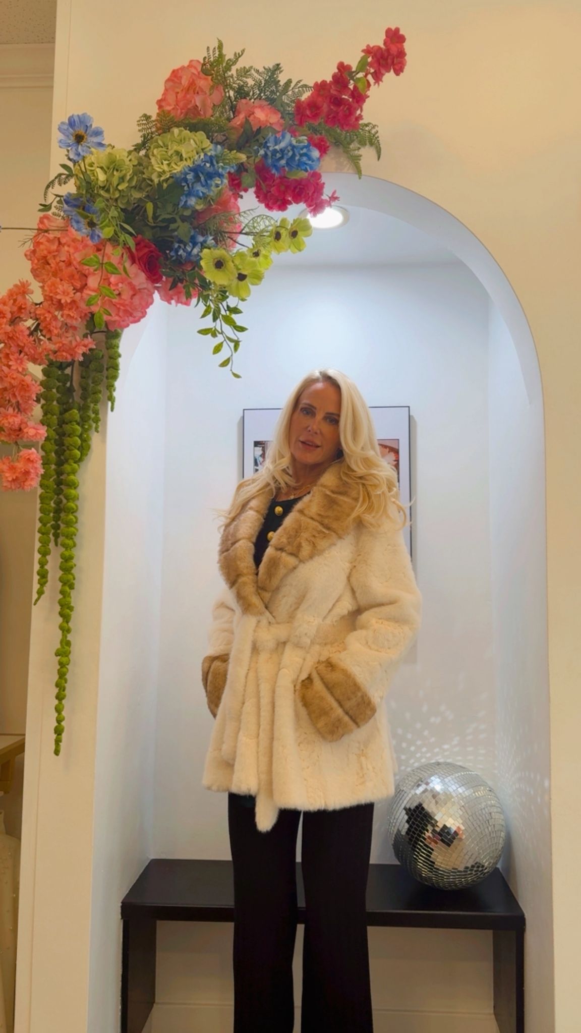 Ivory Vegan Fur Coat with Camel Trim and Belt