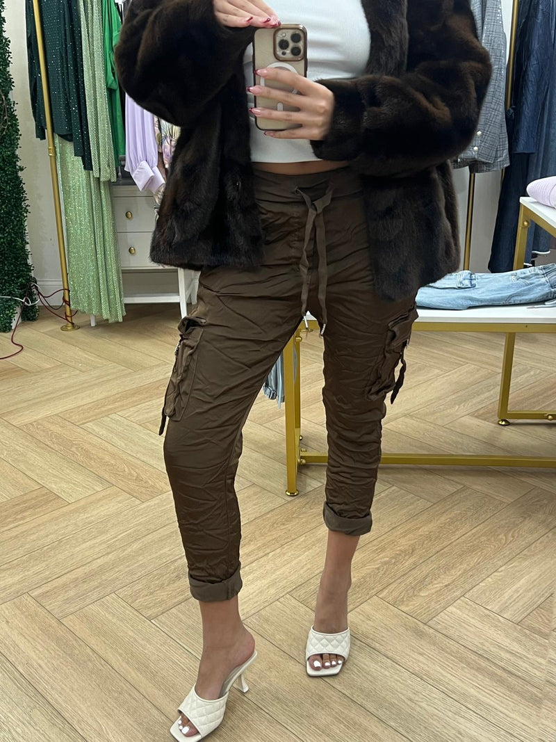 Brown Utility Cargo Jogger Pants with Drawstring Waist