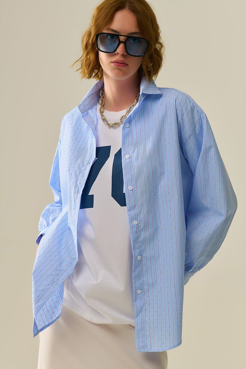 Blue Striped Oversized Button-Up Shirt