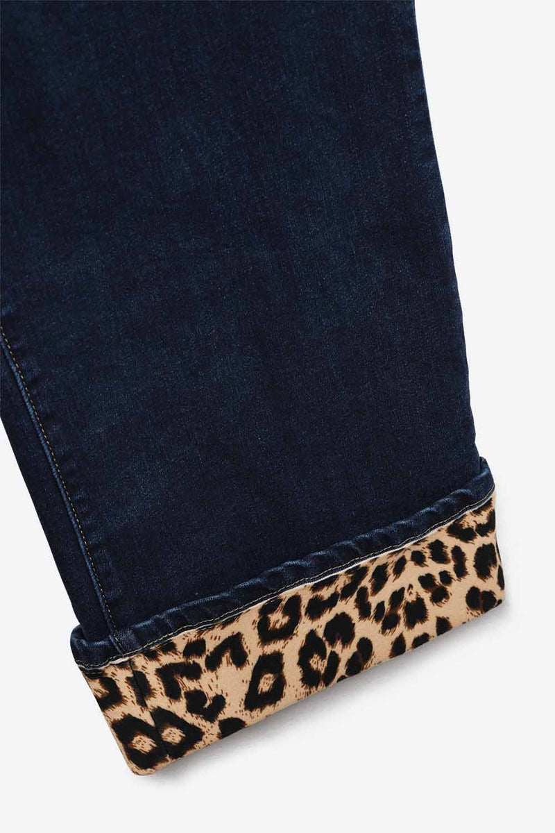 Blue Straight Pants with Leopard Cuff Detail