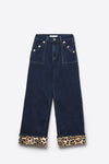 Blue Straight Pants with Leopard Cuff Detail